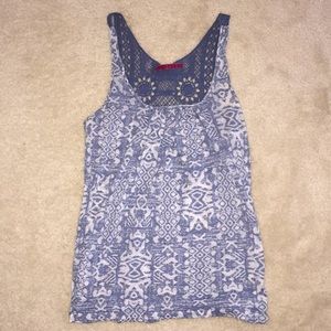 Blue and white patterned tank with crochet back